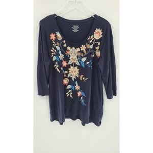 Chicos Floral The Ultimate Tee Top XL Embellished Rhinestones Blue Cottagecore